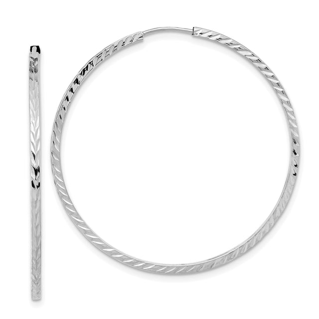 14k White Gold Hoop Earrings, Diamond Cut Endless Design, Lightweight Classic Textured Style