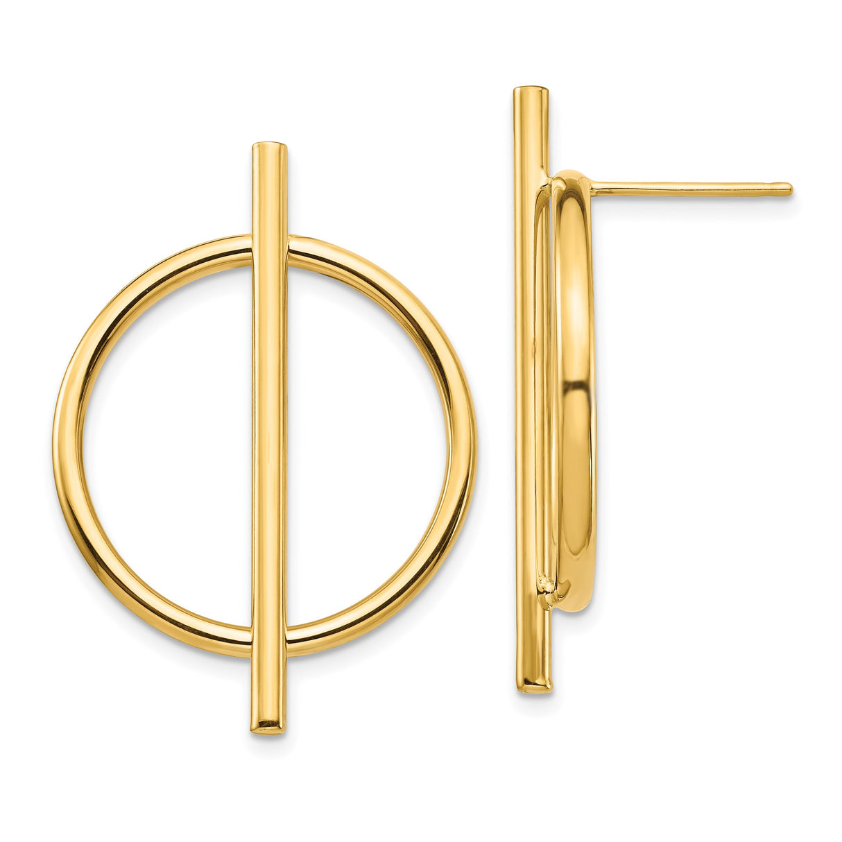 14k Yellow Gold Circle and Bar Stud Earrings, Modern Geometric Minimalist Design for Women