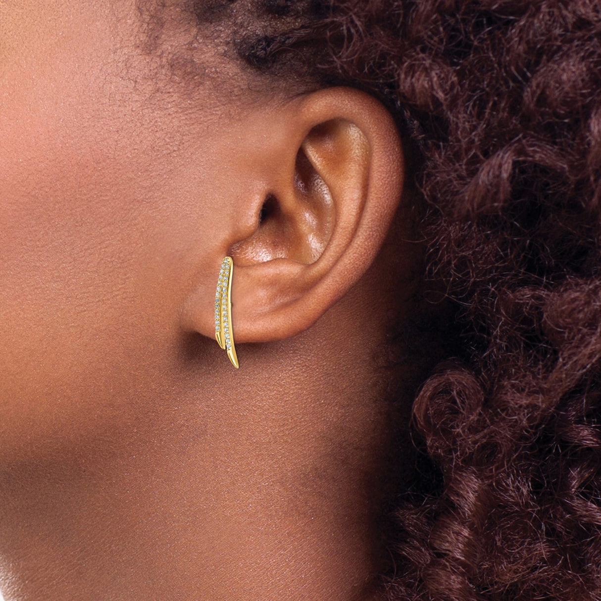 14k Yellow Gold Ear Climber Earrings with Cubic Zirconia, Double Curve Design for Women