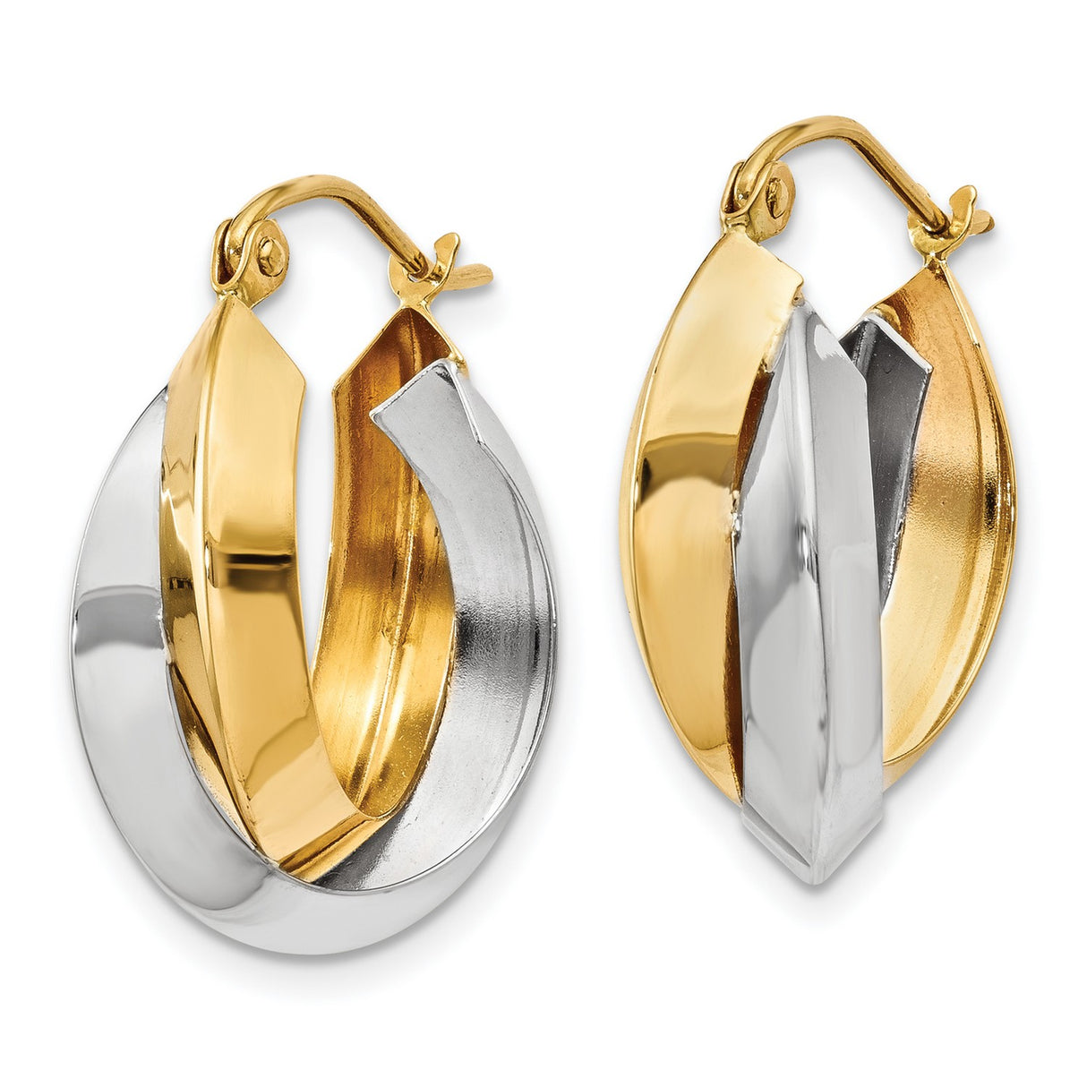 14k Yellow Gold Hoop Earrings, Two-Tone Twisted Polished Barrel Design, Lightweight for Women