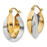 14k Yellow Gold Hoop Earrings, Two-Tone Twisted Polished Barrel Design, Lightweight for Women