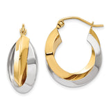14k Yellow Gold Hoop Earrings, Two-Tone Twisted Polished Barrel Design, Lightweight for Women