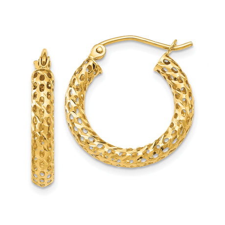 14k Yellow Gold Hoop Earrings, Textured Diamond Cut Open Design, Lightweight Hollow Hoops