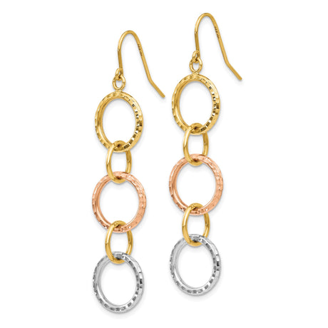 14k Tri-Color Gold Dangle Earrings with Interlocking Textured Rings, Modern Circular Design