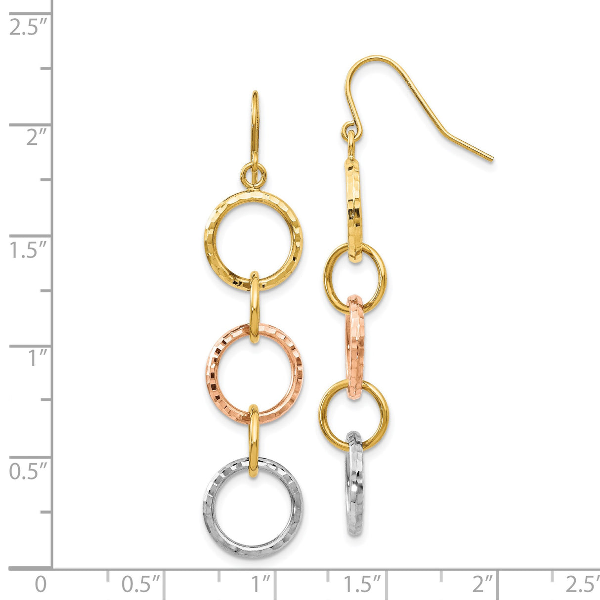 14k Tri-Color Gold Dangle Earrings with Interlocking Textured Rings, Modern Circular Design