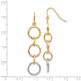14k Tri-Color Gold Dangle Earrings with Interlocking Textured Rings, Modern Circular Design