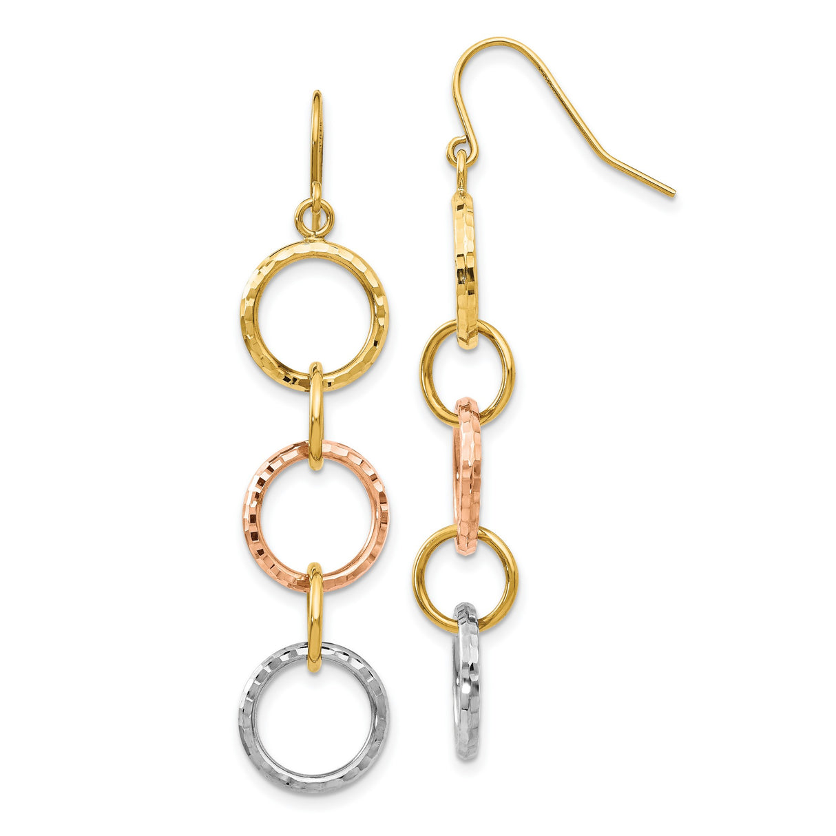 14k Tri-Color Gold Dangle Earrings with Interlocking Textured Rings, Modern Circular Design
