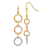 14k Tri-Color Gold Dangle Earrings with Interlocking Textured Rings, Modern Circular Design