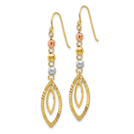 14k Tri-Color Gold Dangle Earrings, Diamond-Cut Bead Marquise Drops for Women