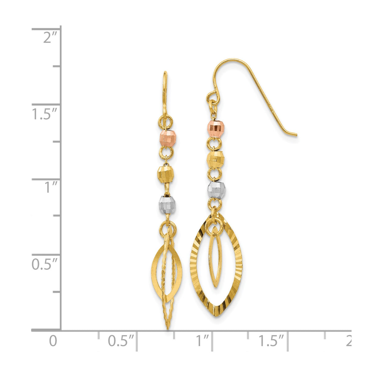 14k Tri-Color Gold Dangle Earrings, Diamond-Cut Bead Marquise Drops for Women