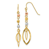 14k Tri-Color Gold Dangle Earrings, Diamond-Cut Bead Marquise Drops for Women