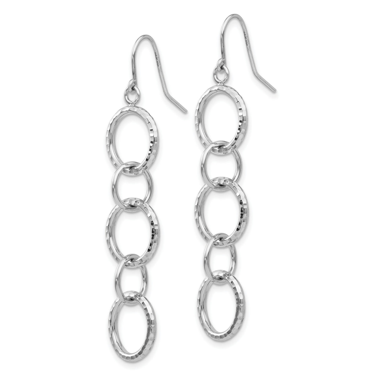 14k White Gold Dangle Earrings with Three Linked Open Circles, Textured Modern Design