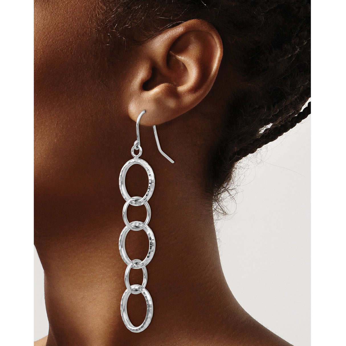 14k White Gold Dangle Earrings with Three Linked Open Circles, Textured Modern Design