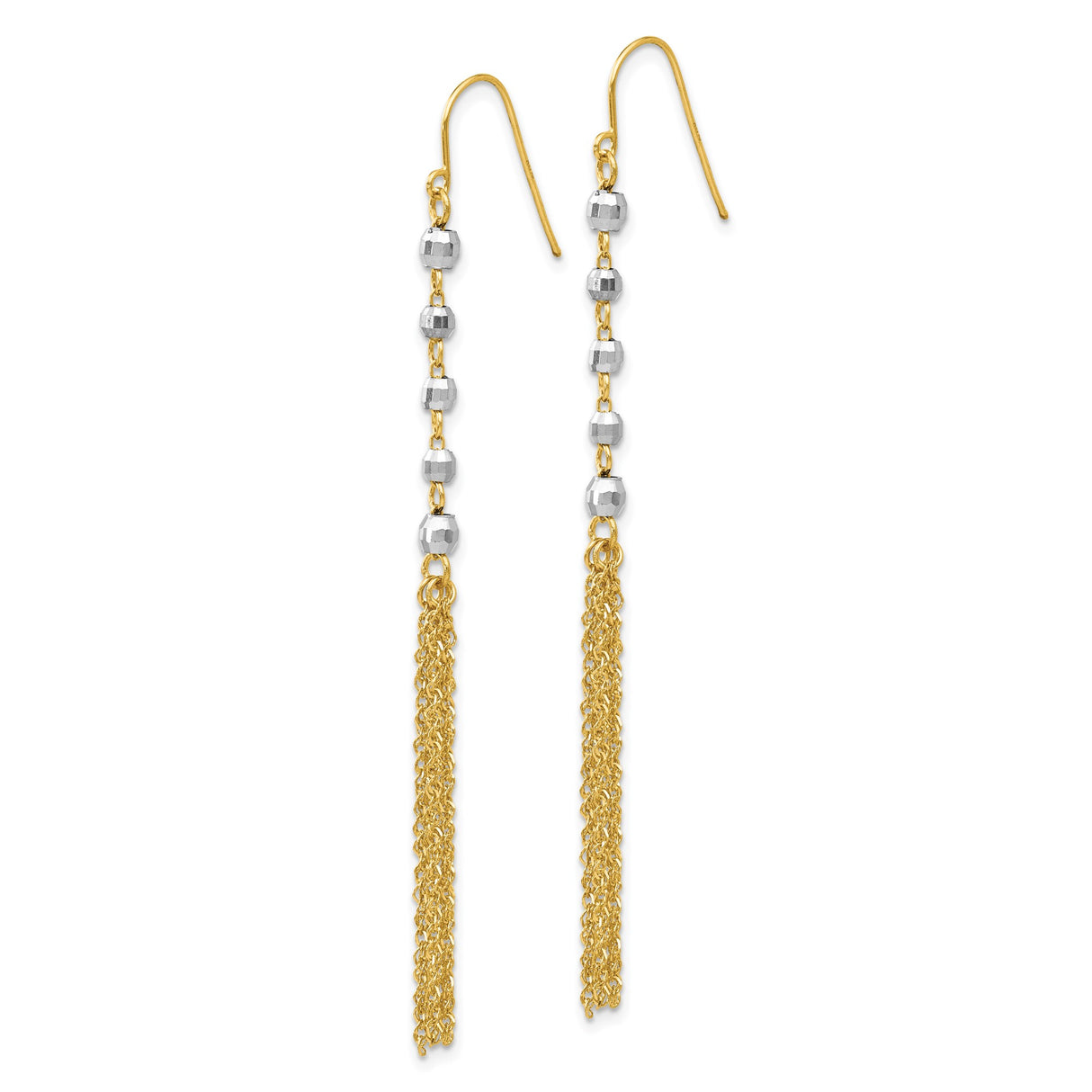 14k Yellow Gold Dangle Earrings with Two-Tone Beads, Long Chain Tassel Drops for Women