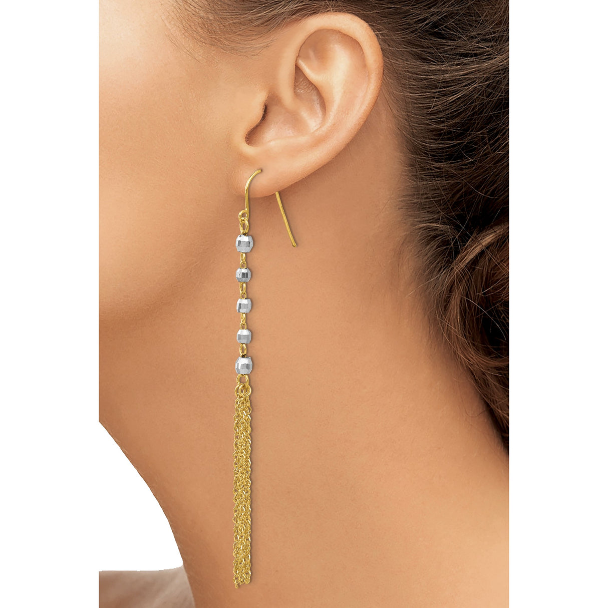 14k Yellow Gold Dangle Earrings with Two-Tone Beads, Long Chain Tassel Drops for Women