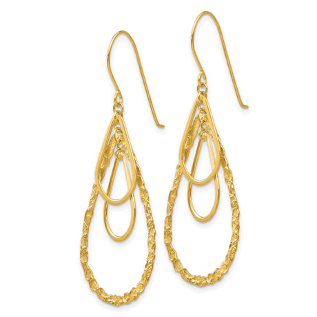 14k Yellow Gold Dangle Earrings, Layered Teardrop with Polished and Textured Finish