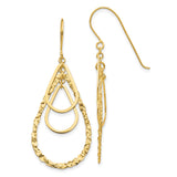 14k Yellow Gold Dangle Earrings, Layered Teardrop with Polished and Textured Finish