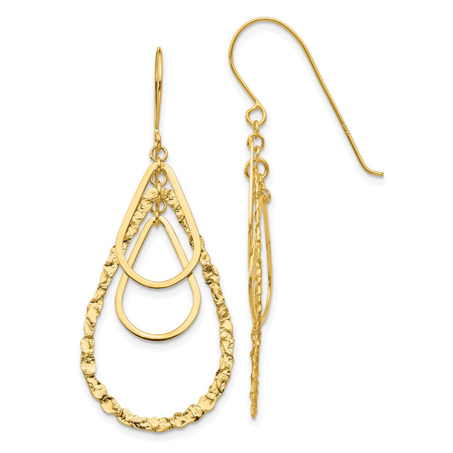 14k Yellow Gold Dangle Earrings, Layered Teardrop with Polished and Textured Finish