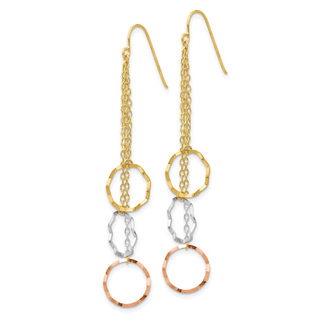 14k Tri-Color Gold Dangle Earrings with Open Circle Drops on Delicate Chains for Women