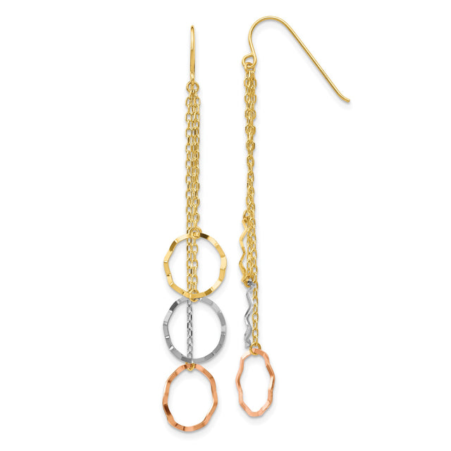14k Tri-Color Gold Dangle Earrings with Open Circle Drops on Delicate Chains for Women