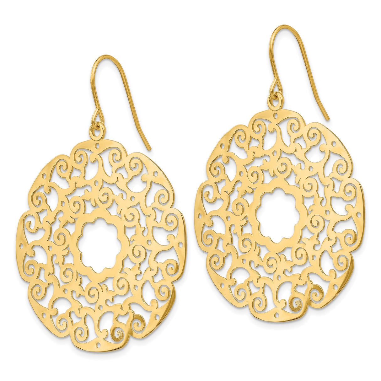 14k Yellow Gold Dangle Earrings with Openwork Floral Mandala and Scroll Design