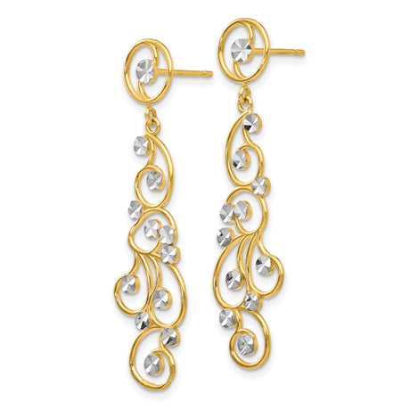 14k Yellow Gold Dangle Earrings with Rhodium Accents, Open Swirl Filigree Design