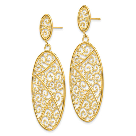 14k Yellow Gold Dangle Earrings, Openwork Filigree Scroll Design, Vintage-Inspired Swirl Pattern