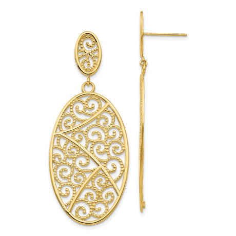 14k Yellow Gold Dangle Earrings, Openwork Filigree Scroll Design, Vintage-Inspired Swirl Pattern