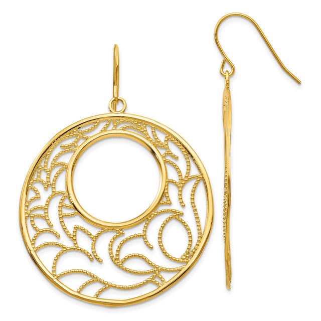 14k Yellow Gold Dangle Earrings with Openwork Filigree and Textured Leaf Design
