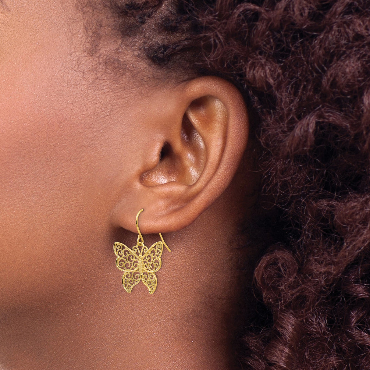 14k Yellow Gold Dangle Earrings with Openwork Butterfly and Scroll Design