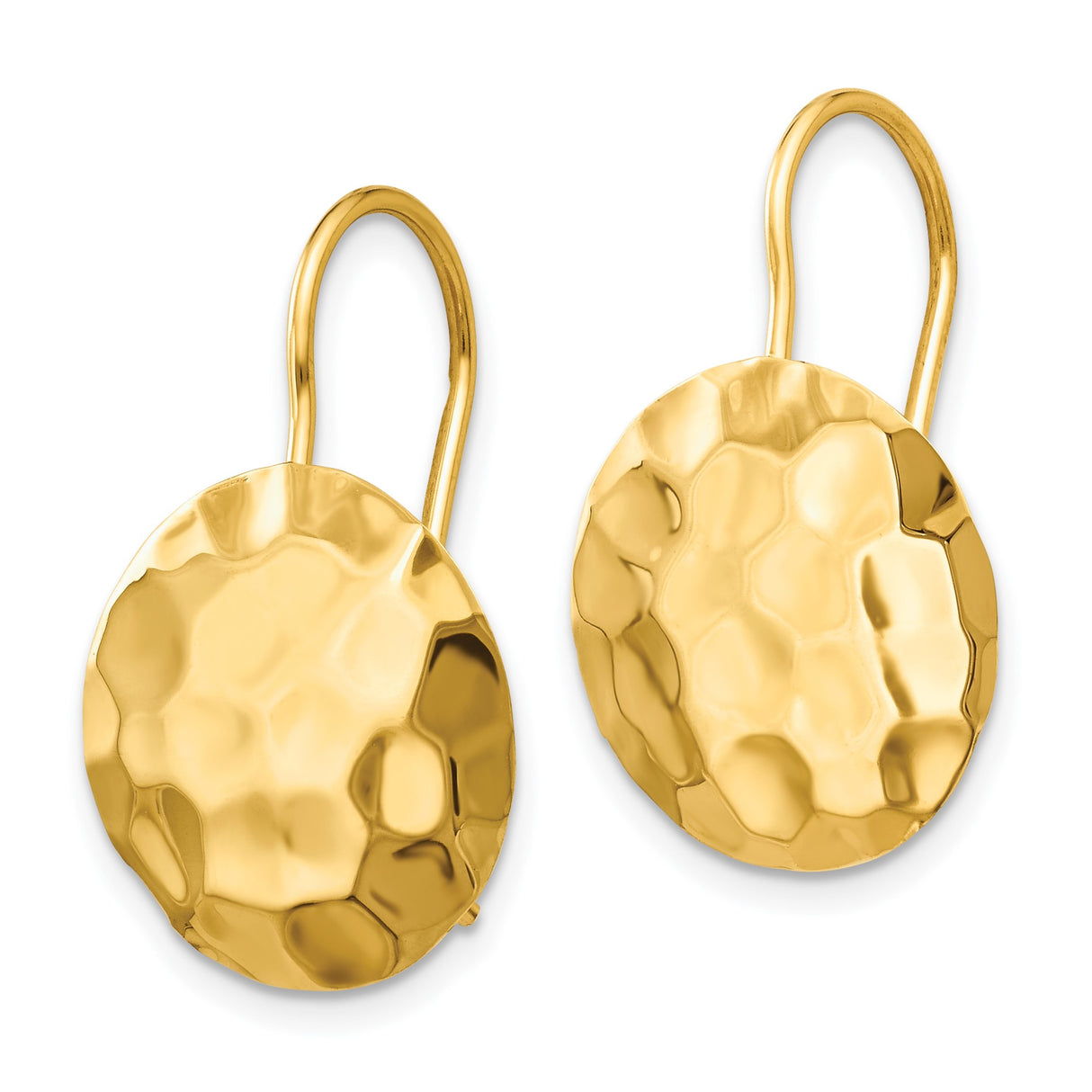 14k Yellow Gold Drop Earrings with Hammered Disc Design, Polished Finish, Lightweight and Modern