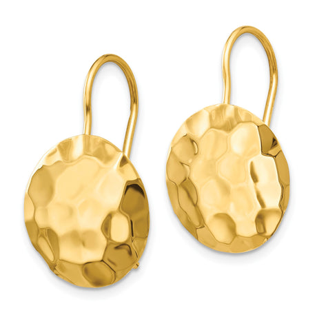 14k Yellow Gold Drop Earrings with Hammered Disc Design, Polished Finish, Lightweight and Modern