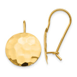 14k Yellow Gold Drop Earrings with Hammered Disc Design, Polished Finish, Lightweight and Modern