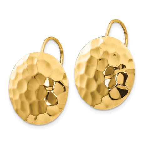14k Yellow Gold Drop Earrings with Hammered Disc Design and Leverback Closure for Women
