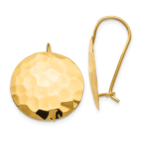 14k Yellow Gold Drop Earrings with Hammered Disc Design and Leverback Closure for Women