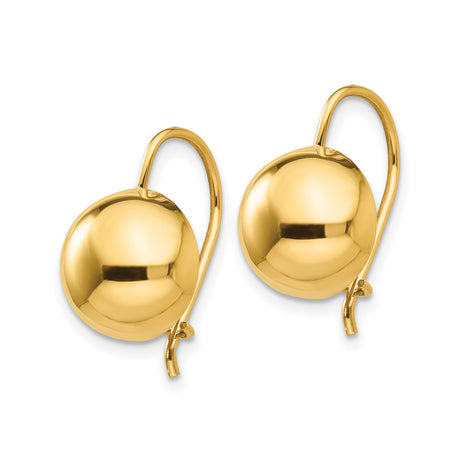 14k Yellow Gold Leverback Earrings, Polished Dome Drop Design for Women
