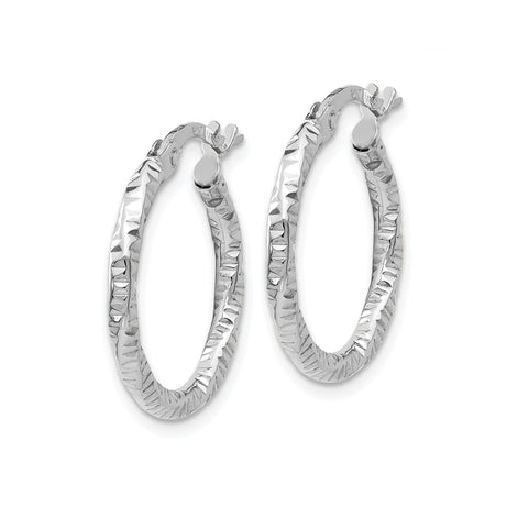 14k White Gold Hoop Earrings with Textured Diamond Cut Design, Lightweight Modern Style