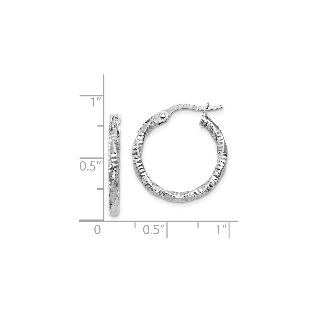 14k White Gold Hoop Earrings with Textured Diamond Cut Design, Lightweight Modern Style