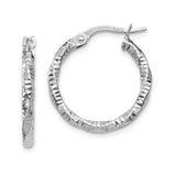 14k White Gold Hoop Earrings with Textured Diamond Cut Design, Lightweight Modern Style
