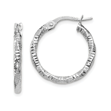 14k White Gold Hoop Earrings with Textured Diamond Cut Design, Lightweight Modern Style