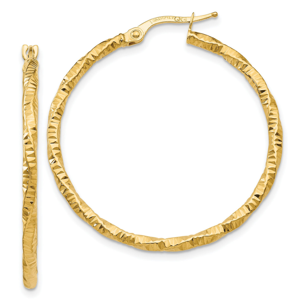 14k Yellow Gold Hoop Earrings, Twisted Diamond Cut, Textured Lightweight Sparkle Finish