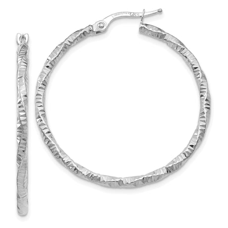 14k White Gold Hoop Earrings with Twisted Diamond Cut Design, Lightweight and Textured Finish