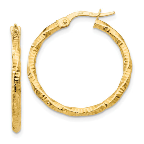 14k Yellow Gold Hoop Earrings, Textured Hammered Finish, Lightweight Classic Round Style