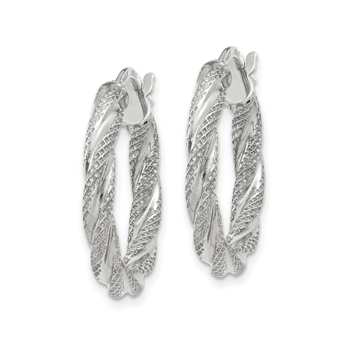 14k White Gold Twisted Hoop Earrings, Diamond-Cut Textured Design, High Polish Finish