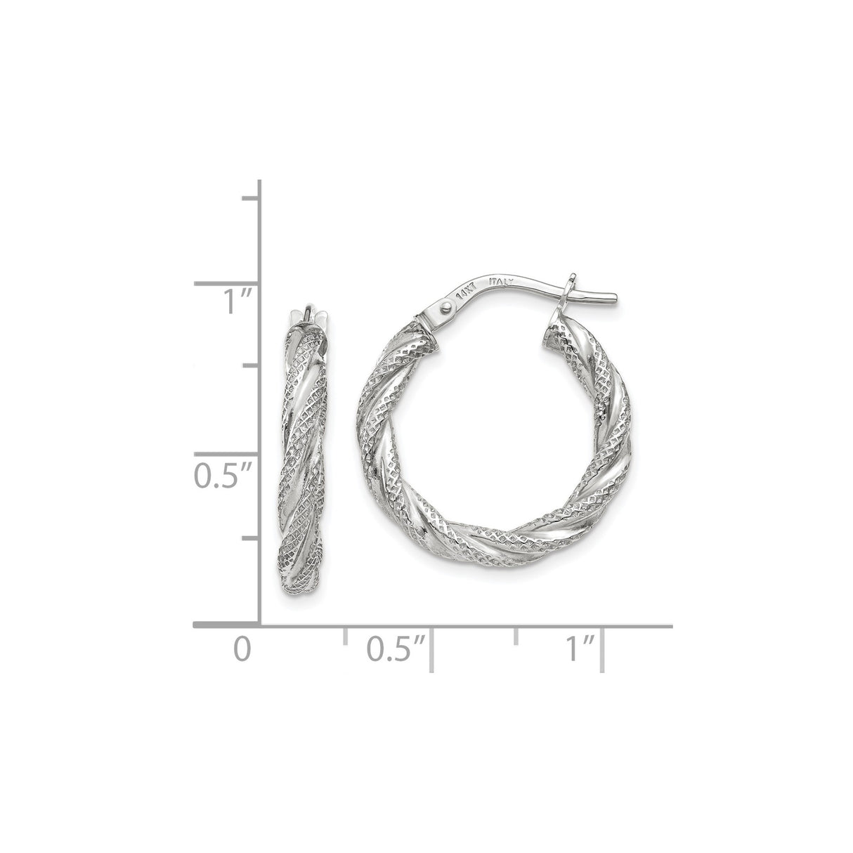 14k White Gold Twisted Hoop Earrings, Diamond-Cut Textured Design, High Polish Finish