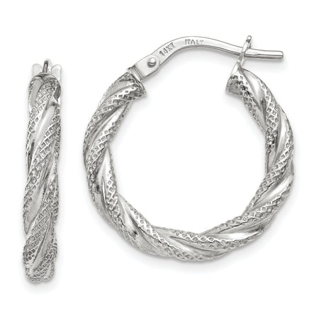 14k White Gold Twisted Hoop Earrings, Diamond-Cut Textured Design, High Polish Finish