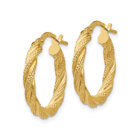 14k Yellow Gold Hoop Earrings, Twisted Diamond Cut Design, Lightweight Italian Style
