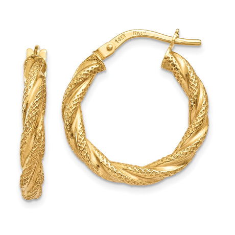 14k Yellow Gold Hoop Earrings, Twisted Diamond Cut Design, Lightweight Italian Style