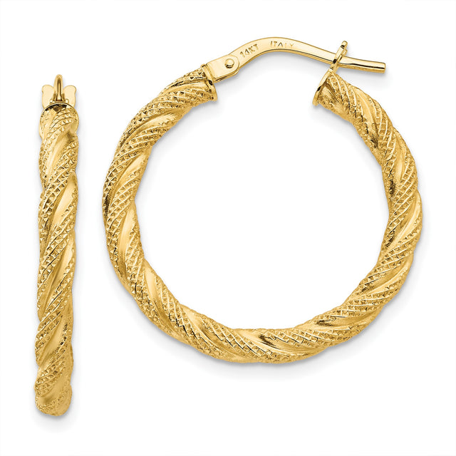 14k Yellow Gold Twisted Hoop Earrings, Textured Diamond Cut Design, Lightweight Modern Style for Women