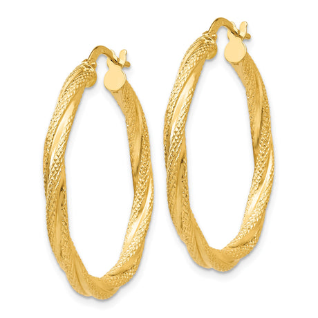 14k Yellow Gold Twisted Hoop Earrings, Textured and Polished Finish, Large Italian Style Hoops